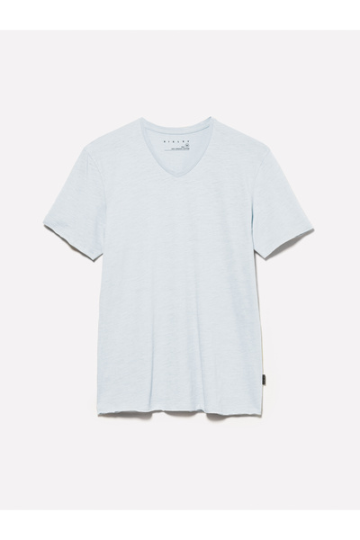 Sisley Ανδρικό μπλουζάκι Ice Blue 100% βαμβακερό με λαιμόκοψη σε σχήμα V Slim Fit Slub T-Shirt