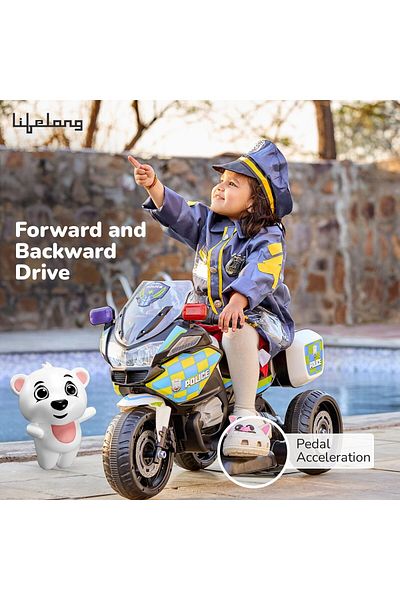 rexa Electric Ride on Police Bike for 2+ Years Kids with Siren Rechargeable Battery Operated Tricycle