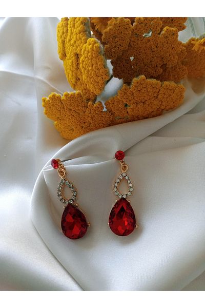 Pervin Ablacım Gold Dangle Handmade Steel Earrings with Red Stones