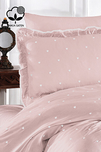 Nazik Home Amore Heart Embroidered Cotton Satin Single 4 Piece Duvet Cover Set