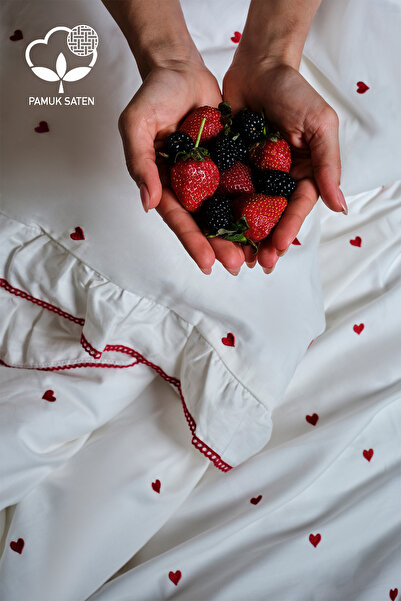 Nazik Home Amore Heart Embroidered Cotton Satin Single 4 Piece Duvet Cover Set