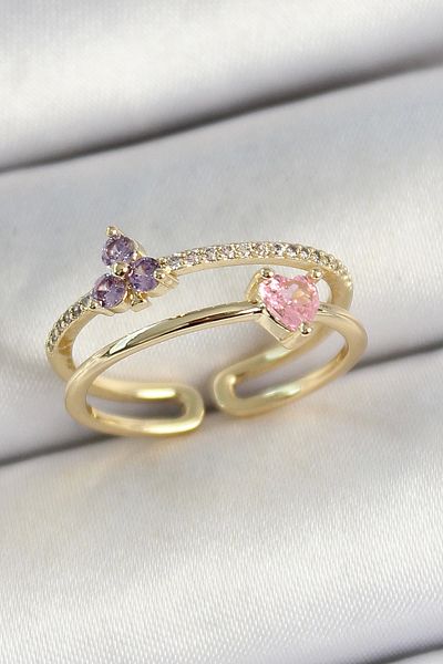 Clariss Gold Color Adjustable Women's Ring with Brass Heart and Flower Figure Zircon Stone