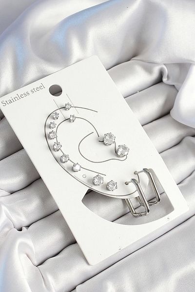 Clariss 316L Steel Rectangular Figure and Zircon Stone Silver Color 7-Piece Double Women's Earring Set