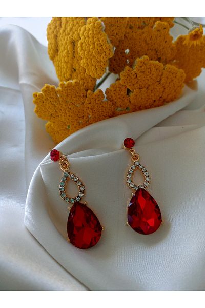 Pervin Ablacım Gold Dangle Handmade Steel Earrings with Red Stones