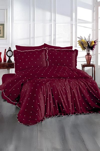Nazik Home Amore Heart Embroidered Cotton Satin Single 4 Piece Duvet Cover Set