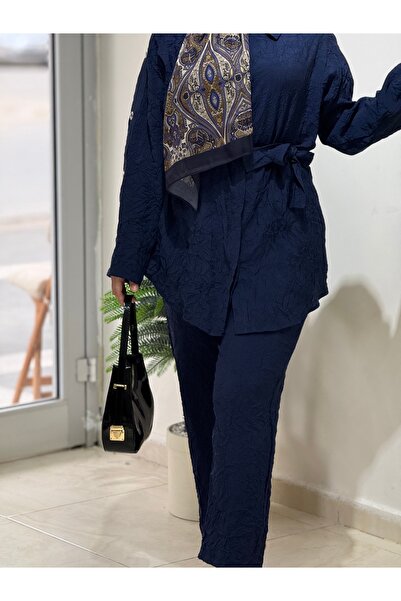 Aynaz Women's Hijab Navy Blue Color Gathered Double Shirt Suit