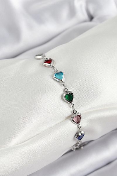 Clariss Brass Silver Color Mixed Color Heart Zircon Stone Women's Bracelet