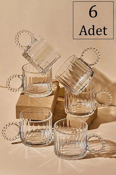 keyfisepet en keyifli sepet Set of 6 Clear Glass Coffee Cups – Modern Design with Bead Handles