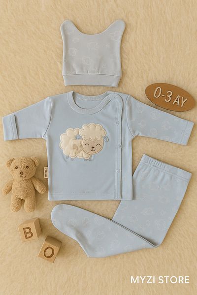 MYZİ STORE 100% Cotton 3-Piece Hospital Release 0-3 Months Booties Bottom Long Sleeve Self-Gloves Top Eared Hat