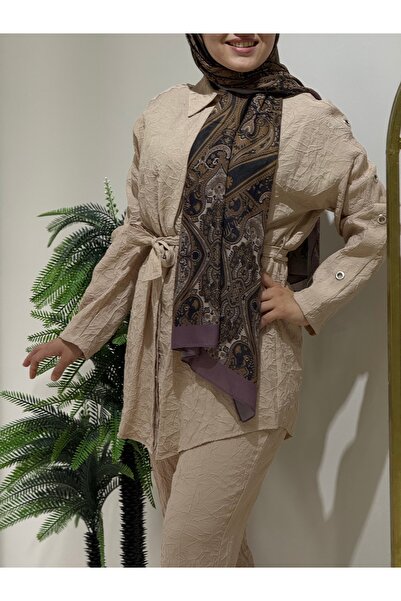 Aynaz Women's Hijab Beige Color Drawstring Double Shirt Suit