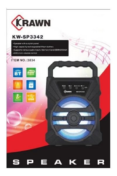 KRAWN Portable Bluetooth Speaker with FM Radio, SD Card & USB Support – Black
