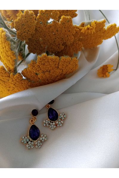 Pervin Ablacım Gold Dangle Fan Earrings with Purple Stones Handmade