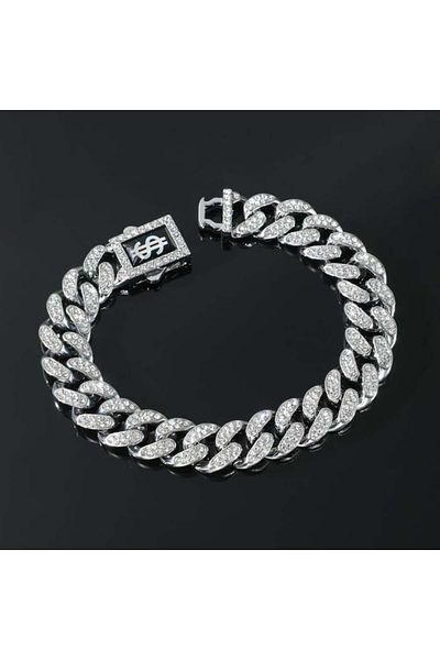 Tessero Bratara Cuban Chain Hip Hop, catarama actionata prin buton cu semnul dolarului, placat cu aur 18K, p