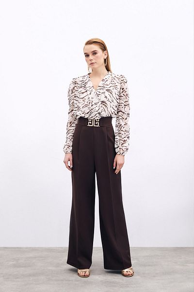 Sateen Wide Leg Trousers with Waist Accessories - Brown