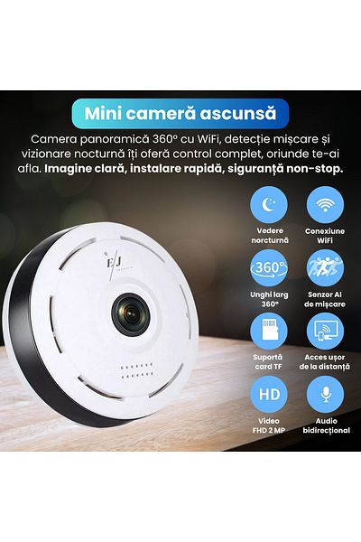 Spionescu Mini Hidden WiFi Camera 360° Fisheye Lens 1.44mm, AI Motion Detection, Bidirectional Audio