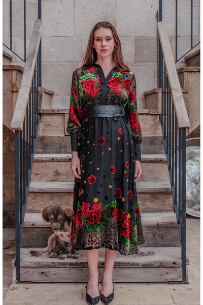 Esra Semiz GÜL VARAKLI ŞİFON ELBİSE, ASKILI İÇLİK
