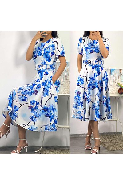 Intisimo Rochie de damă, lungime trei sferturi, model floral, curea, albastru