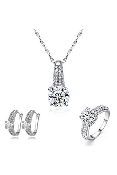 Tessero Women's jewelry set, necklace with pendant, earrings and ring, zirconia stones, 18K white gold plated, a