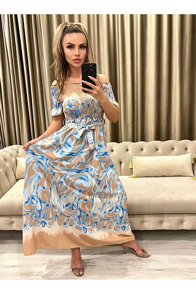 Intisimo Rochie de damă, lungă, talie cu șnur, bej/albastru
