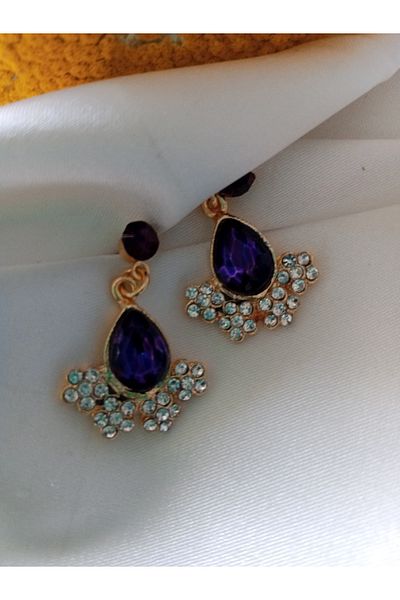 Pervin Ablacım Gold Dangle Fan Earrings with Purple Stones Handmade