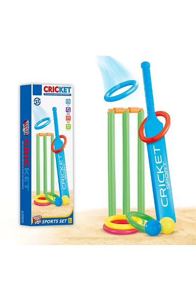 PLAYZO 2 in 1 Kids Cricket & Ring Toss Set Cricket Bat, Stumps, Balls & Toss Rings Outdoor Indoor Sports