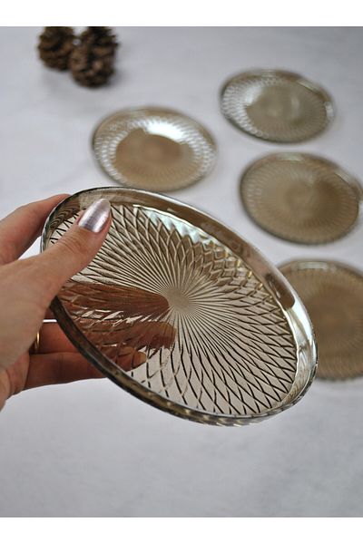 Qualitev Set of 6 Smoked Glass Patterned 16 cm Dessert Plate Cake Treat Plate