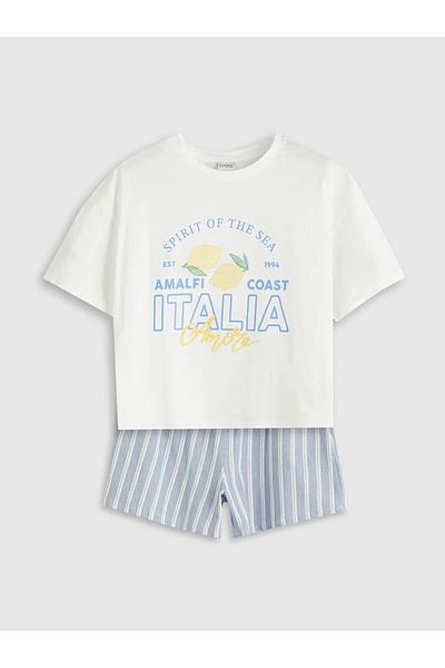 LC Waikiki Lcw kids ecru crew neck italy b Printed girls' t-shirt and shorts