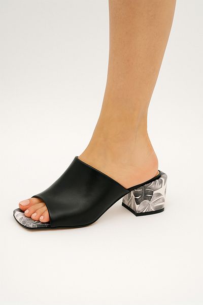 Mariolucci Women's Heeled Slippers Elastic Genuine Black (Flower Print) Leather