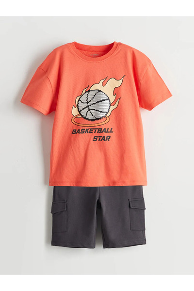LC Waikiki Lcw Kids Coral Printed Boys T-Shirt and Shorts Pack of 2
