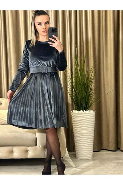 Intisimo Velvet Dress, Midi, Pleated, Waist Belt, Gray