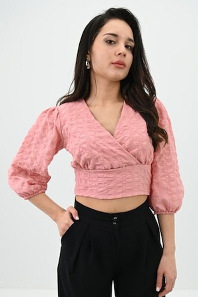 ADROM Casual blouse, three-quarter sleeves, short crop-top model, Powder pink, M