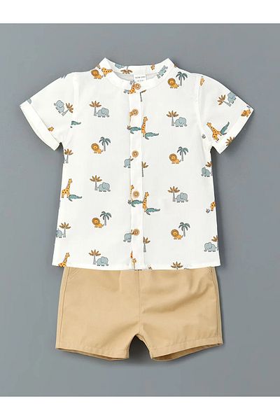 LC Waikiki Lcw Baby Ecru Elephant Printed Baby Boy Shirt and Shorts 2-Pack