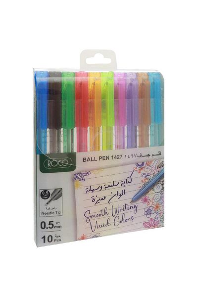 Roco 1427 Dry Ink Ballpoint Pens – Assorted Ink Colors, 0.5 mm, Pack of 10