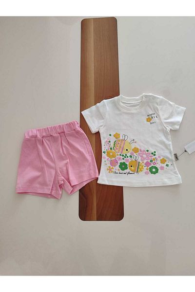 Asel Baby Girl's Summer 2-Piece Set with Ants and Flower Pattern Shorts with Shoulder Clips