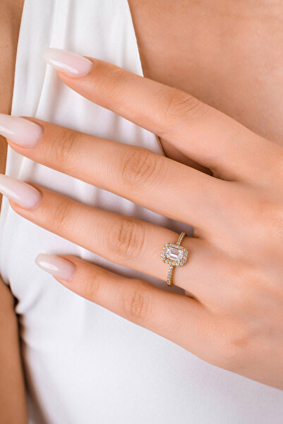 Side Gold Kuyumculuk 8 Ayar Sarı Altın Kenarları Zirkon Taşlı Baget Yüzük