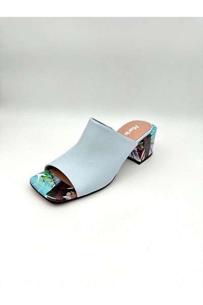Mariolucci Women's Heeled Slippers Elastic Genuine Baby Blue (Flower Print) Leather