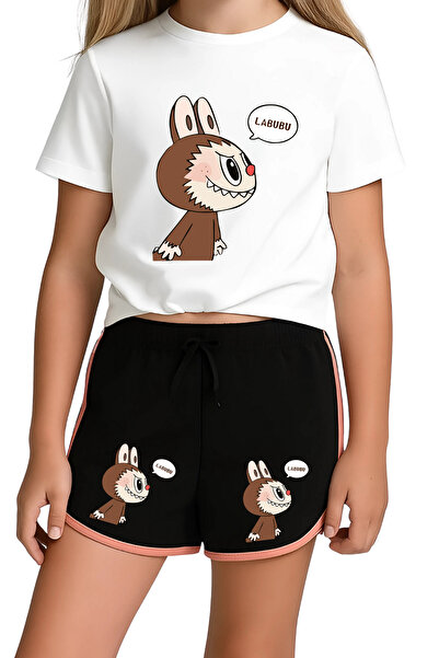 MECH BUTİK Tricou alb cu imprimeu Labubu Pantaloni scurți negri Set de sus și de jos