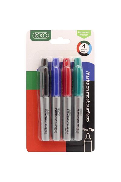 Roco Permanent Marker Set – 1–4 mm Round Tip, Black, Blue, Green, Red