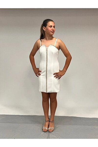 Erkut Κοριτσίστικο Κρεμ Χρώμα Κρεπ Ύφασμα Τούλι Μανδύα Λεπτομερές κοντό βραδινό φόρεμα