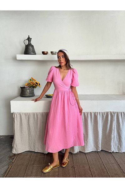 Lusin Women's Pink V-Neck Stylish Lacing Detailed Lined Muslin Fabric Short Sleeve Dress