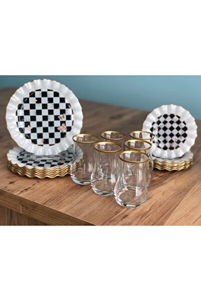 B&M Dama Desenli Kıvrımlı 18 Parça Çay Keyfi Seti