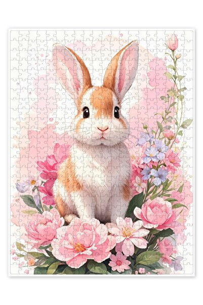 Jeronkarji Çiçekli Tavşan 500 Parça Puzzle Yapboz Çocuklar için Neşeli Hayvan...