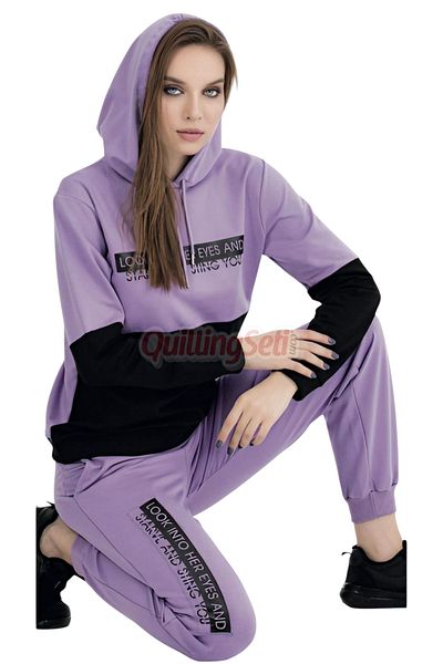 quilling Long Sleeve 22069 Hooded and Kangaroo Pocket Lilac - Black Color Women's Sports Tracksuit Set