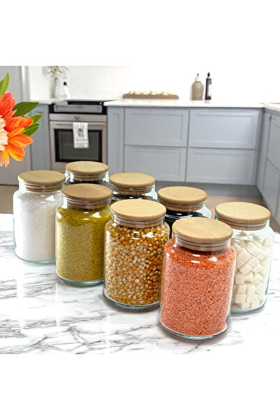 mafa home Set of 8 Wooden Vacuum Lid Glass Pulses Storage Jars 800 ml with Label Gift