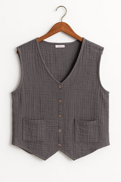 enmodaiçgiyim Dark Gray 100% Cotton Muslin Fabric Women's Vest with Button Pockets