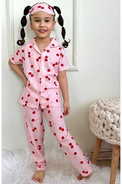 Asel Cherry Patterned Front Buttoned Eye Band Summer Girl's Pajama Set