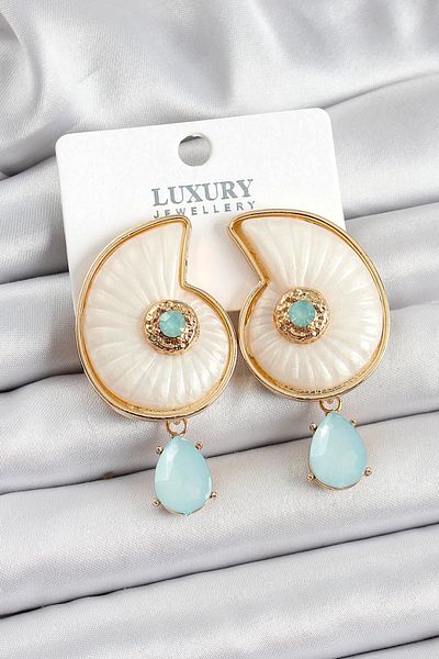 REBORN DESIGN Gold Color Women's Earrings with Brass Seashell Figure and Zircon Stone