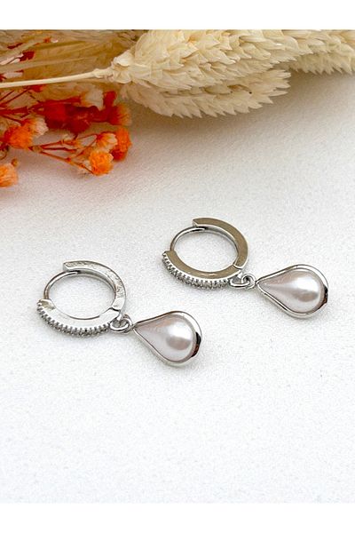 Siya Silver Steel Earrings with Drop Pearl and Zircon Stone - 2.9 cm