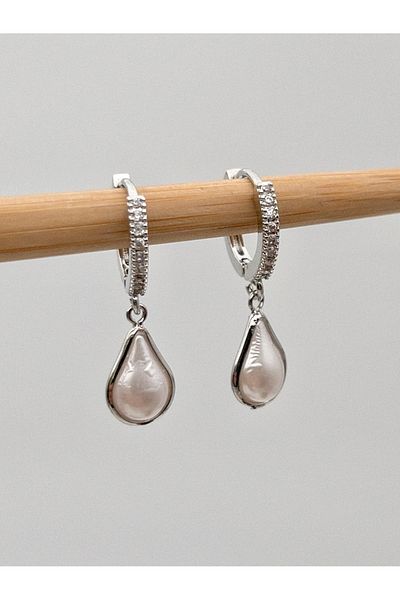 Siya Silver Steel Earrings with Drop Pearl and Zircon Stone - 2.9 cm