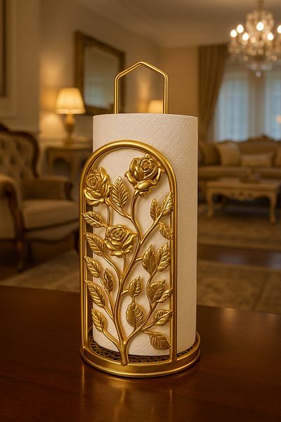 ALFAGİFT Gold Steel Rose Leaf Detailed Stylish Roll Towel and Napkin Holder